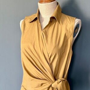 Vince Japanese Cotton Wrap Midi Dress | Sz 4 |‎ Tan Sleeveless Tie Front